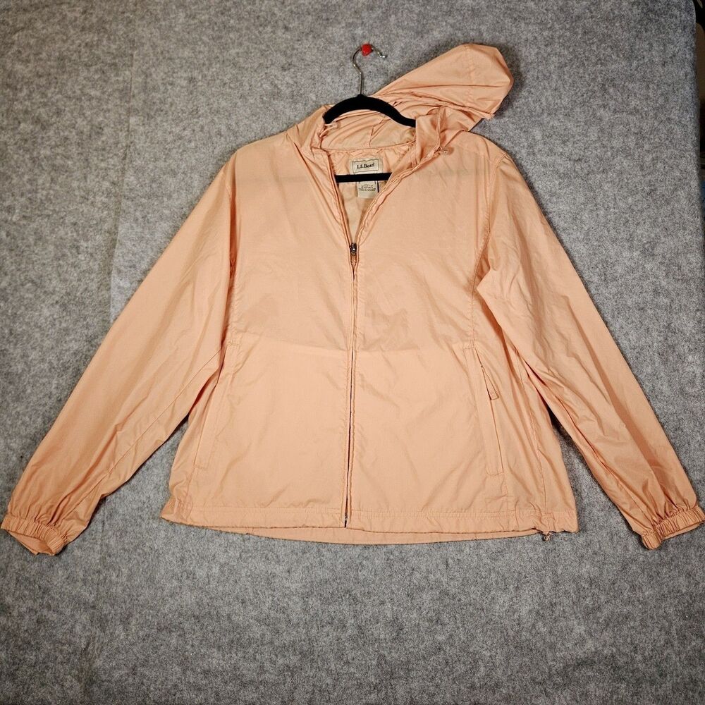 LL Bean Womens Peach Pink Orange Full Zip Hooded Rain Jacket 0 APW5 Size L Reg